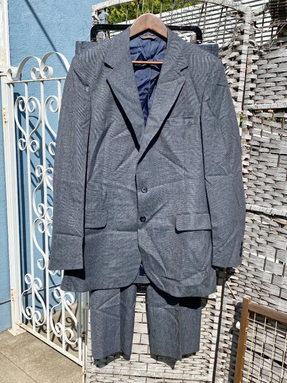 Kuppenheimer Two Piece Suit 43R 36W Gray Blue Glen Check Plaid Wool Vintage